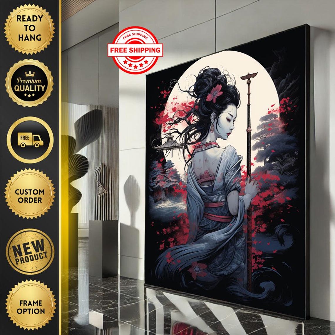 Geisha Silhouette With Staff Under Full Moon Pagoda Blossoms Poster