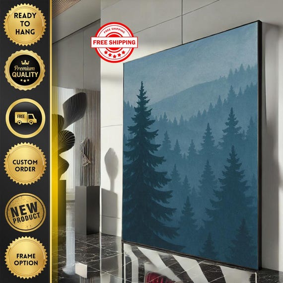 Misty Mountain Forest Canvas Wall Art Print Blue And Gray Living Room Decor Ready To Hang Statement Piece