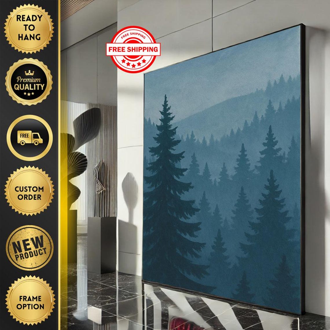 Misty Blue Pine Forest in Fog with Layered Silhouette Poster