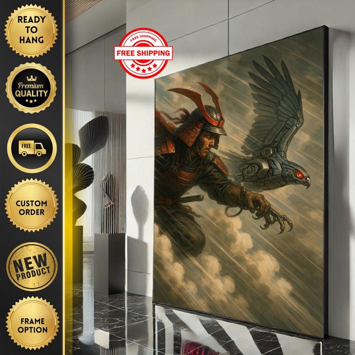 Samurai Warrior Mechanical Eagle Sky Battle Fantasy Warrior Poster