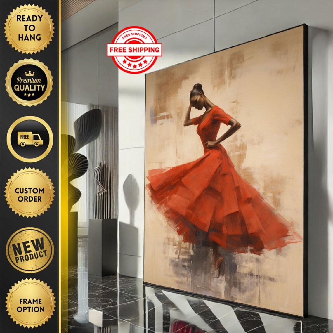 Graceful Woman in Flowing Red Dress Abstract Oil Painting Poster
