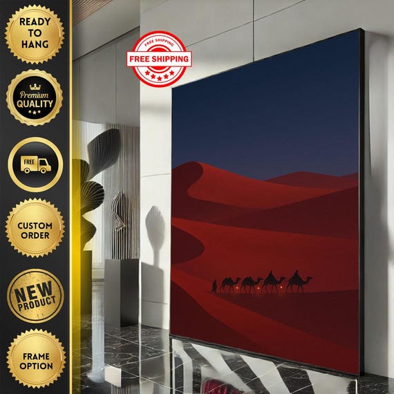Desert Caravan Adventure Canvas Wall Art Print Red And Navy Living Room Decor Ready To Hang Statement Piece