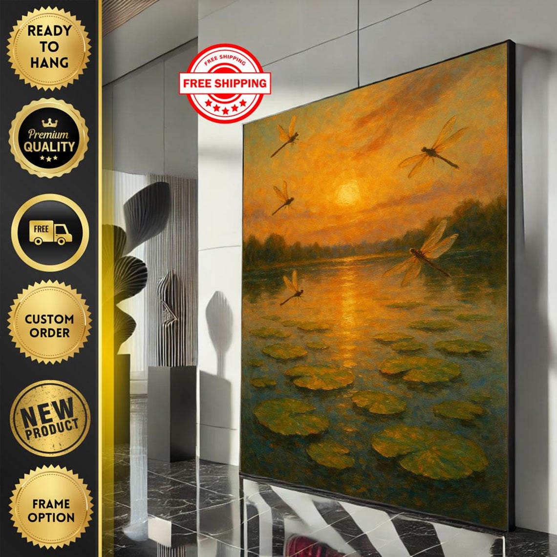 Dragonflies Flying Over Lily Pads At A Golden Sunset Pond Poster