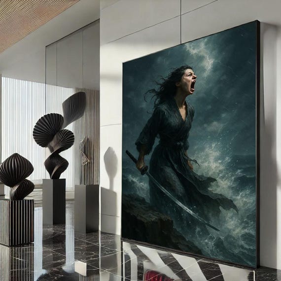 Fierce Warrior Woman Canvas Wall Art Print Dark Fantasy Living Room Decor Statement Piece