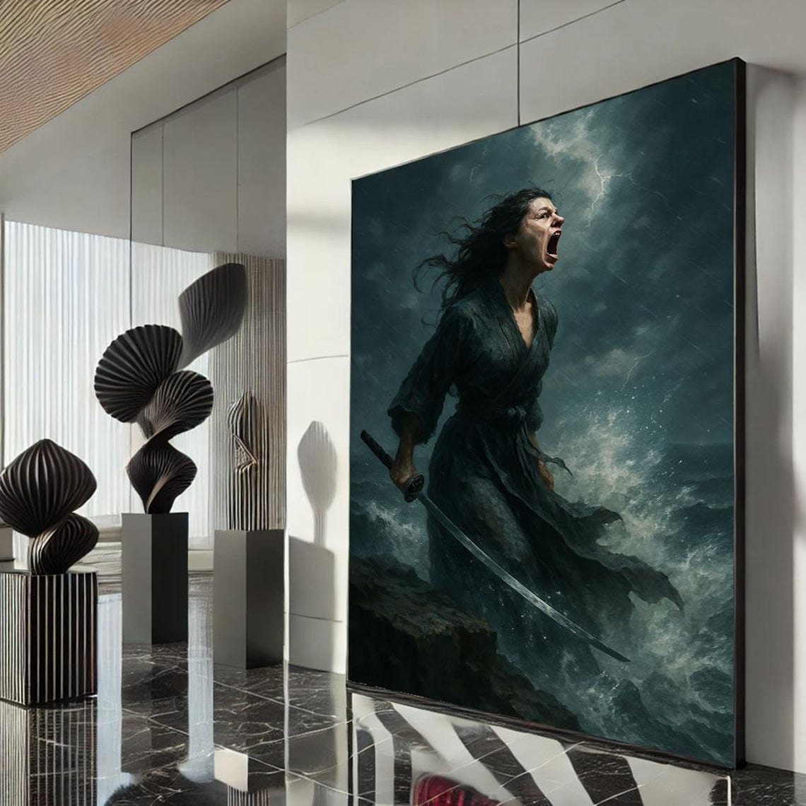 Fierce Warrior Woman Katana Storm Sea Dark Fantasy Sword Art Poster