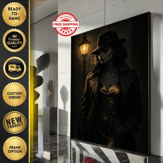 Bold Noir Woman In Hat Canvas Wall Art Print Vintage Living Room Decor Ready To Hang