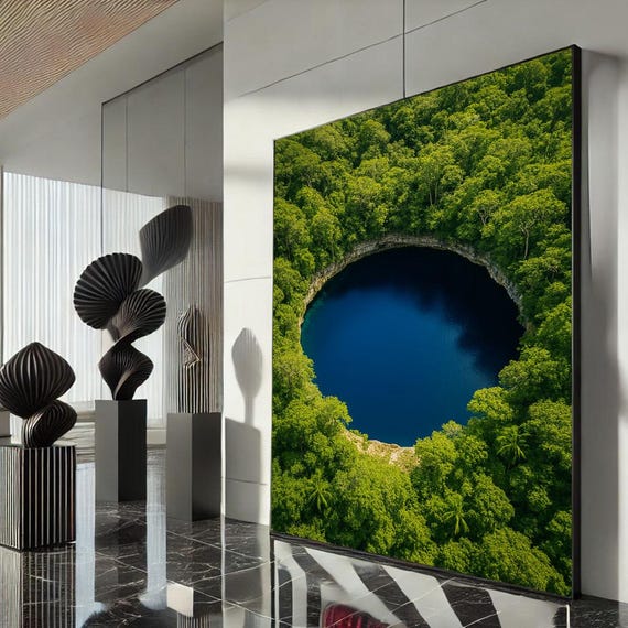 Vibrant Jungle And Blue Lake Landscape Canvas Wall Art Print Modern Living Room Decor Statement Piece