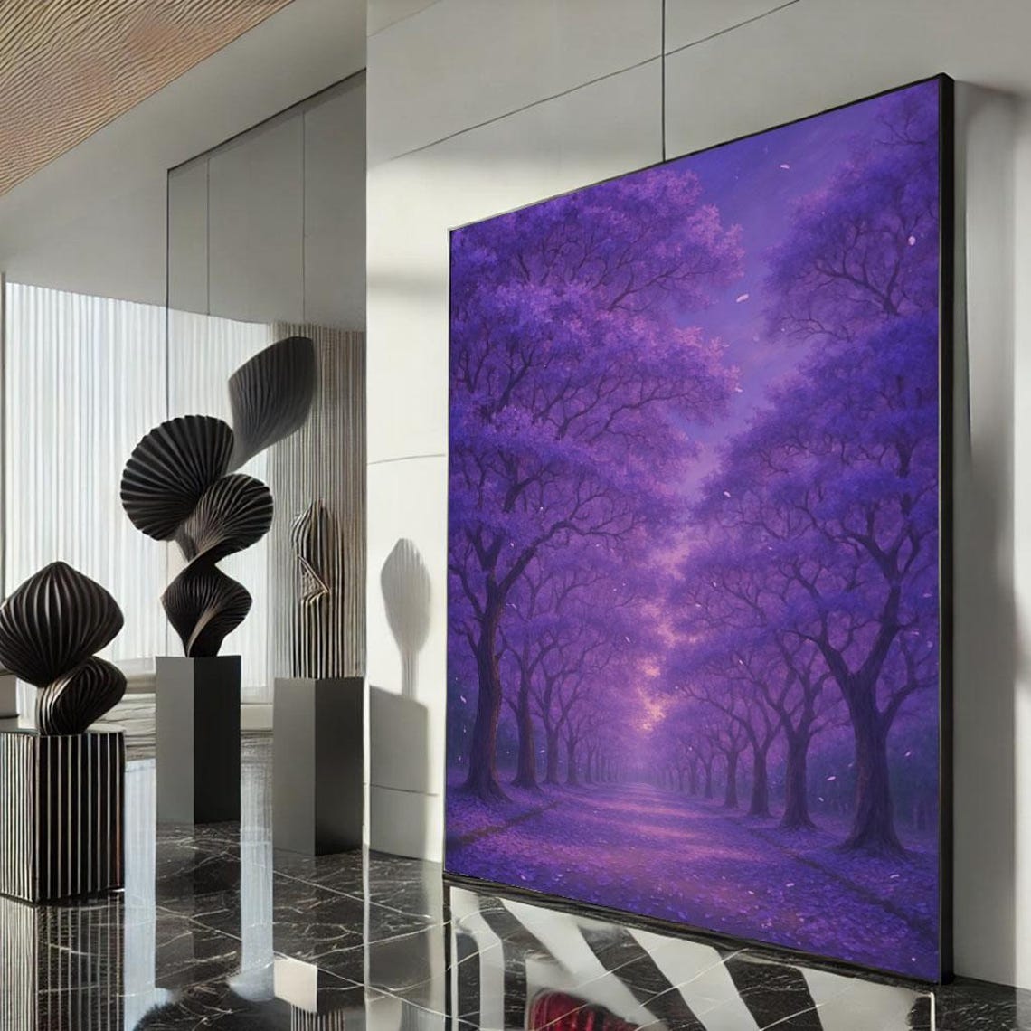 Purple Blooming Tree Avenue Path at Mystical Twilight Dusk Poster