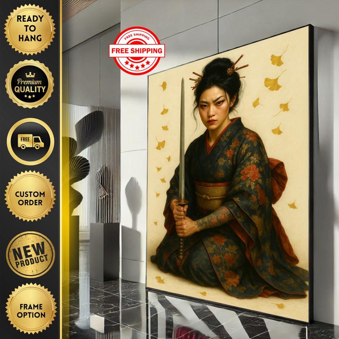 Fierce Samurai Woman Floral Kimono Sword Ginkgo Japanese Art Poster