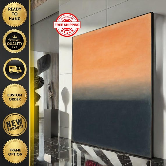 Mark Rothko Inspired Orange And Navy Canvas Bold Color Field Painting For Contemporary Living Room Decor Ready To Hang