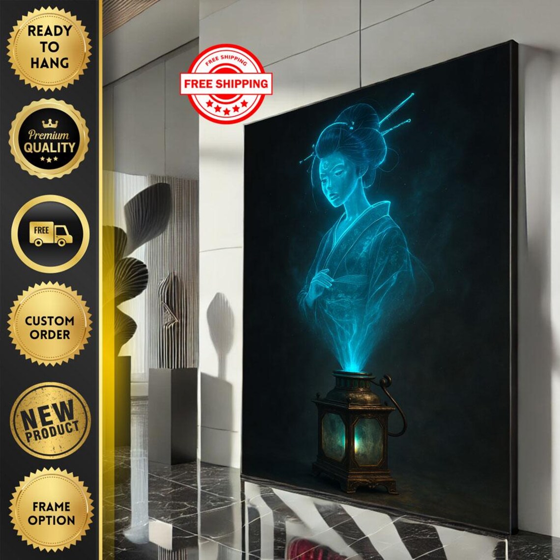 Blue Ghost Geisha Lantern Spirit Ethereal Japanese Fantasy Poster