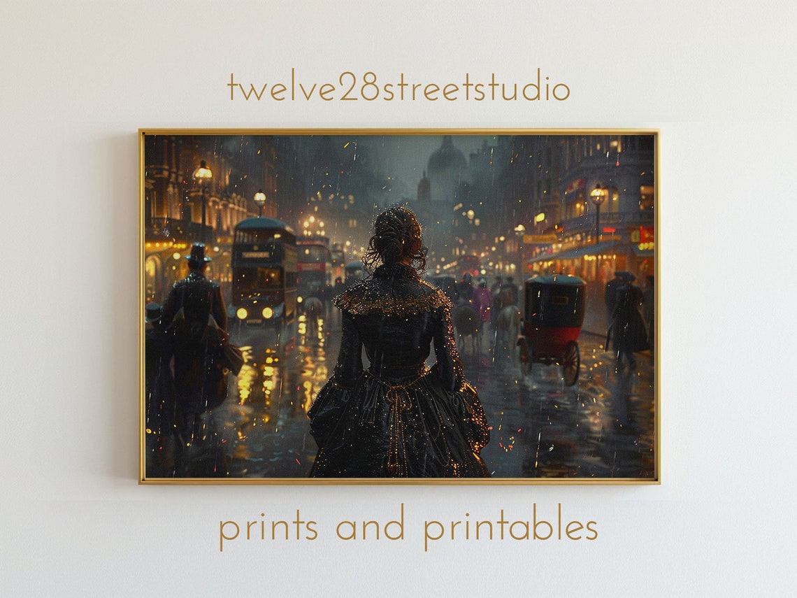 Victorian London Rainy Night Street Carriages Gaslight Glow Poster