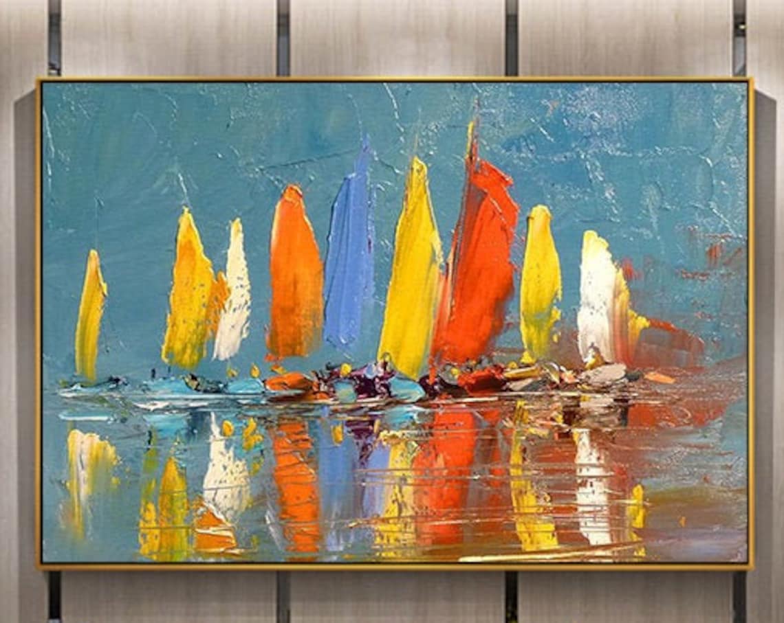 Sailboat Party Oil Painting, Nautical Harbor Art Print