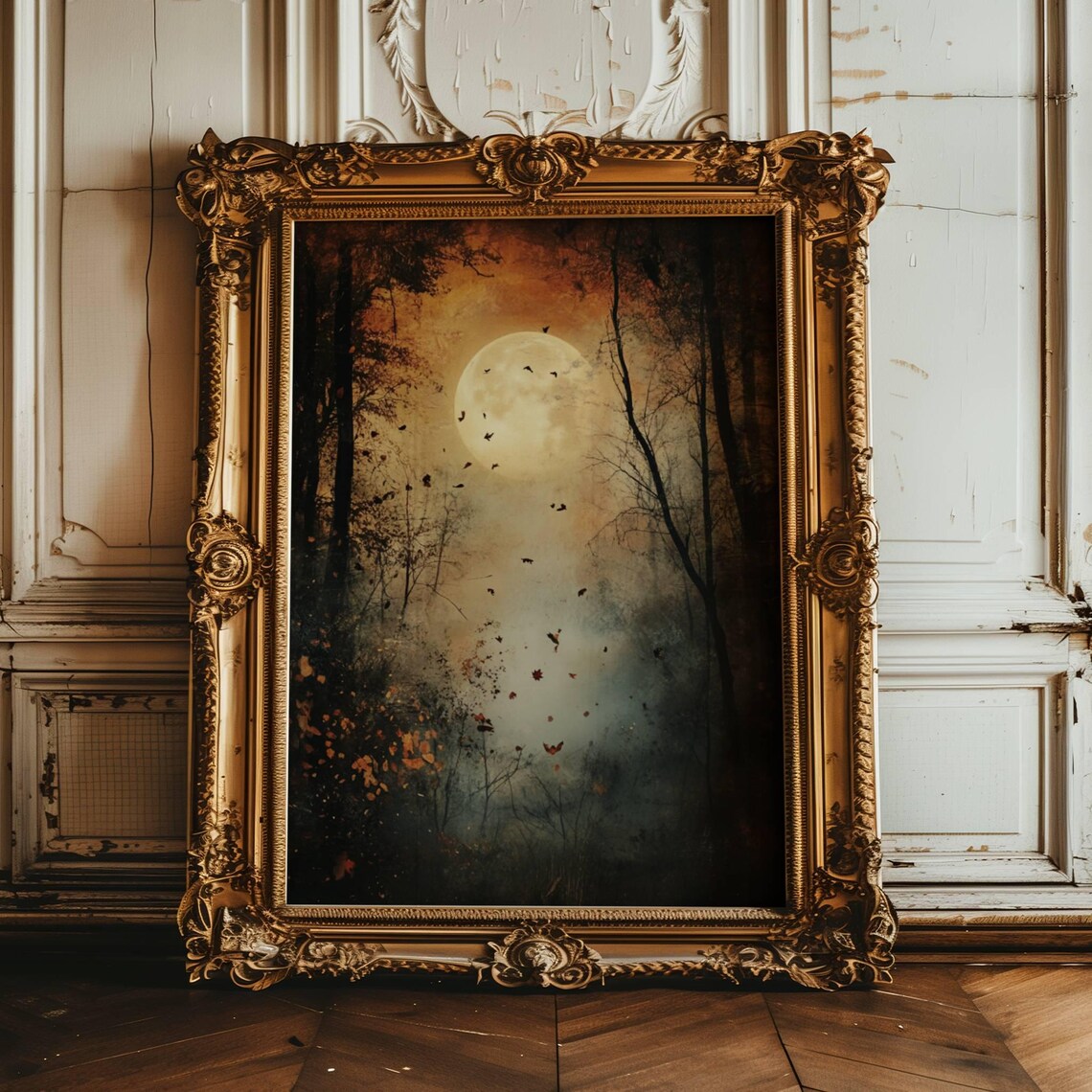 Full Moon Autumn Forest Vintage Art Print