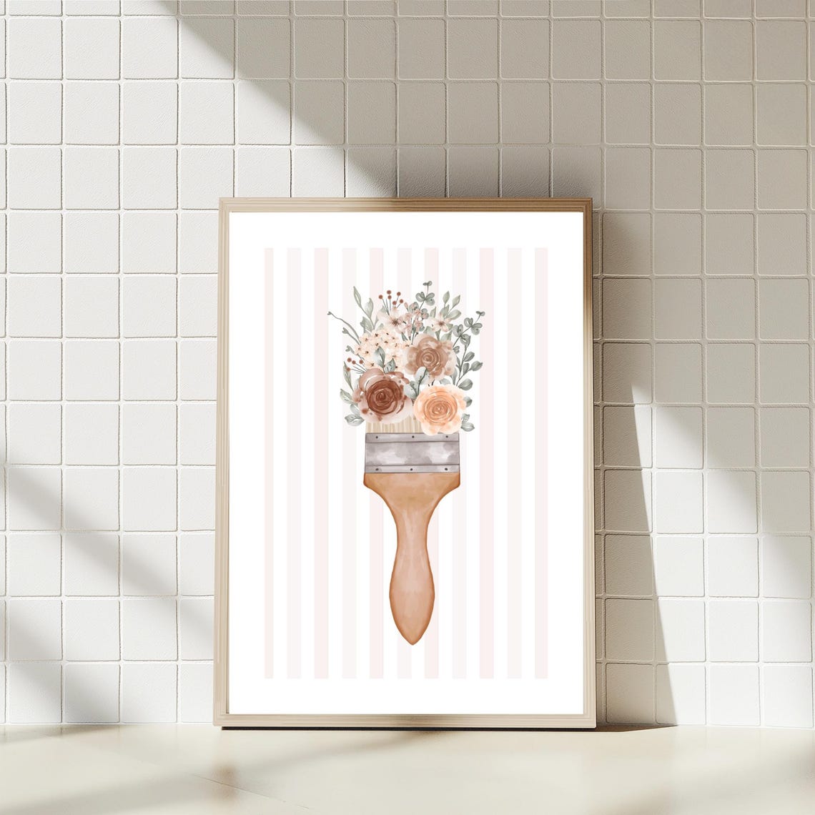 Floral Paintbrush Watercolor Bouquet Pink Striped Botanical Art Poster