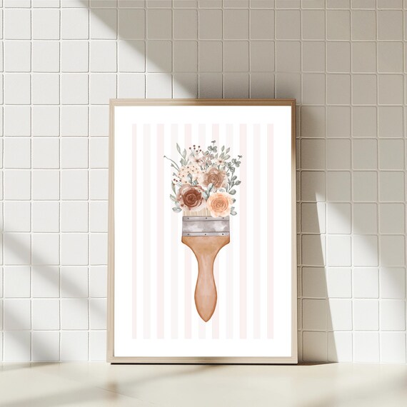 Floral Paintbrush Print Whimsical Botanical Art Pink Stripes