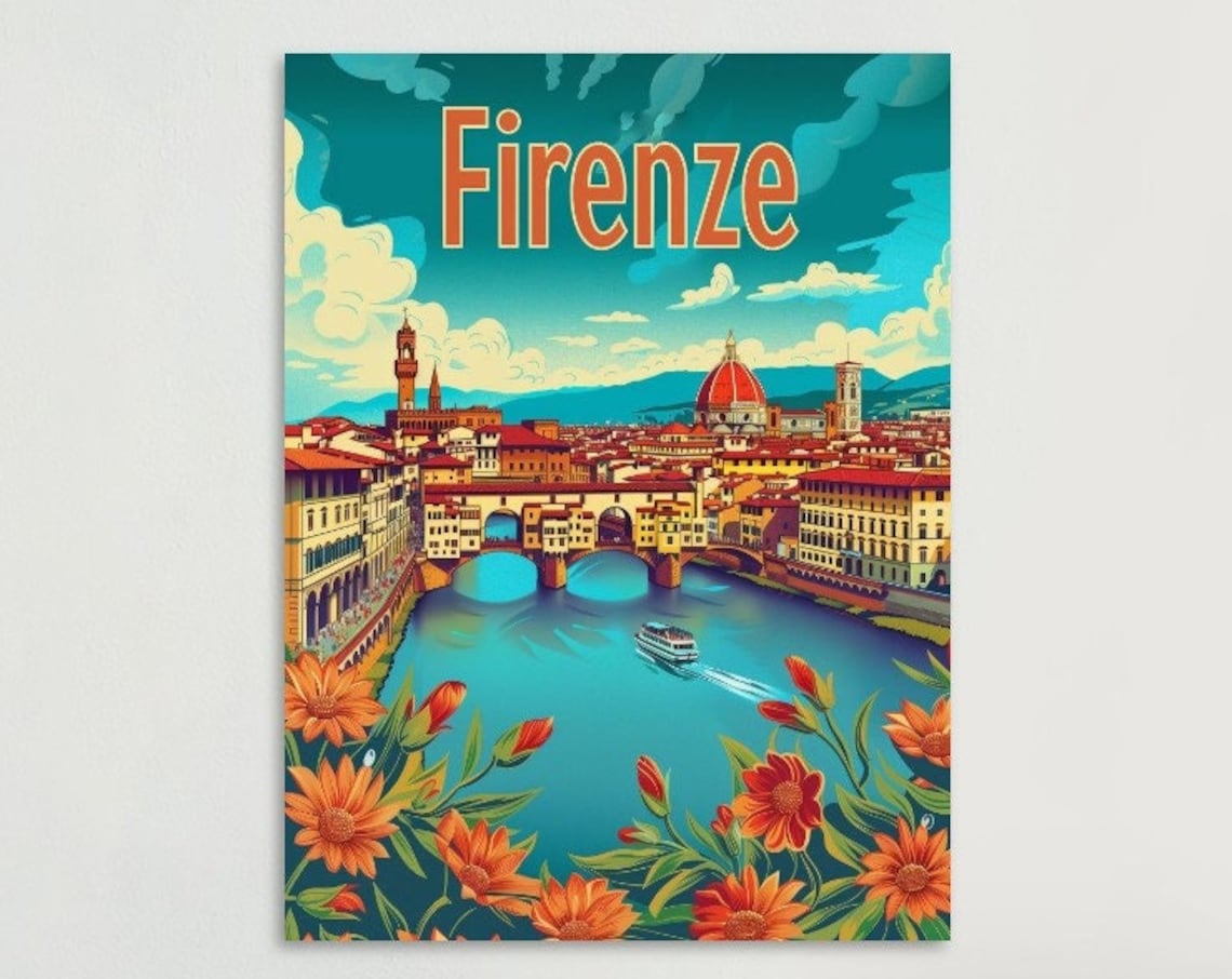 Firenze Duomo Ponte Vecchio Flowers Vintage Italy Poster Art