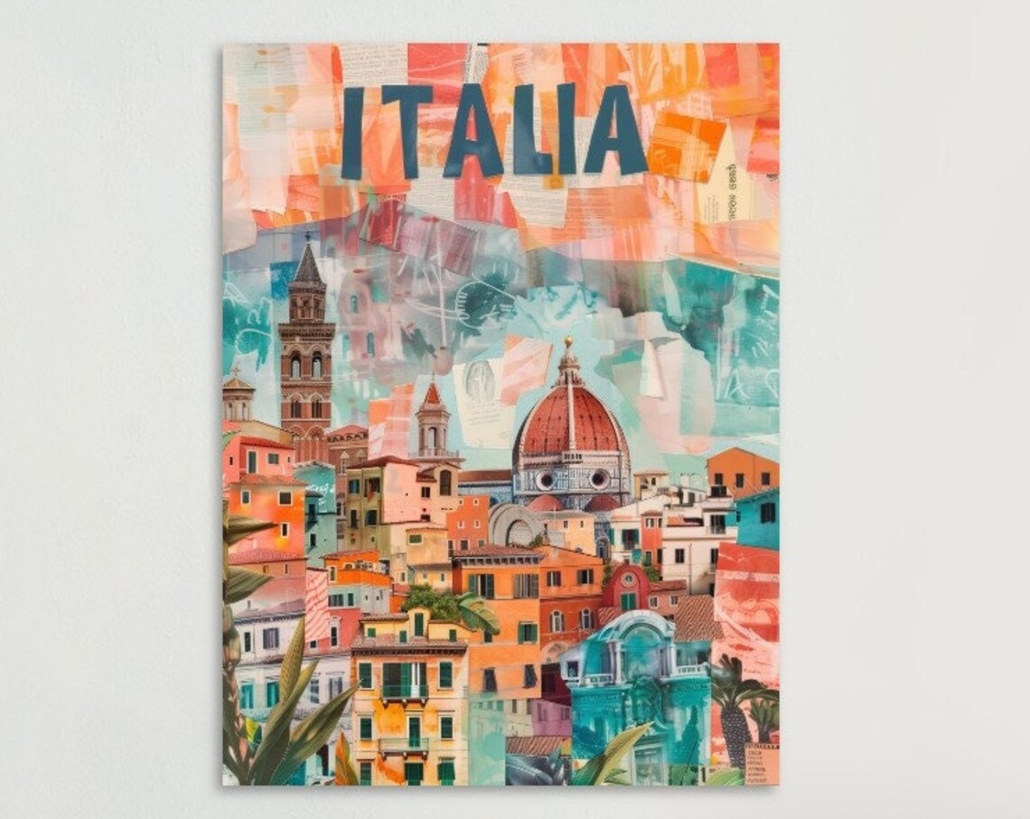 Italia Florence Duomo Dome Hill Town Painterly Collage Travel Poster