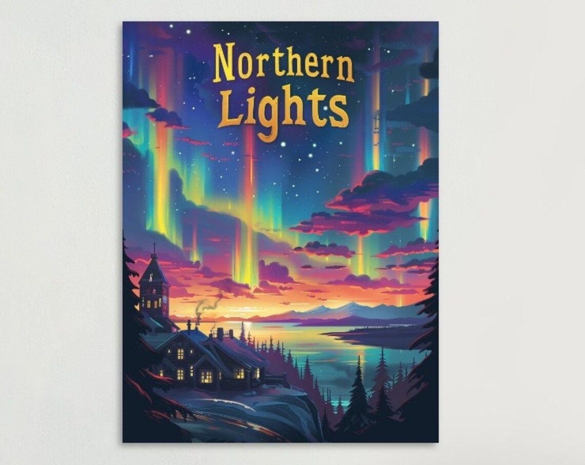 Northern Lights Aurora Cabin Lake Snowy Pines Night Sky Travel Poster