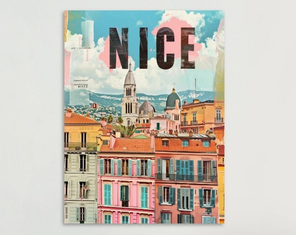 Nice Pastel Facades Bell Tower Collage Pink France Travel Poster
