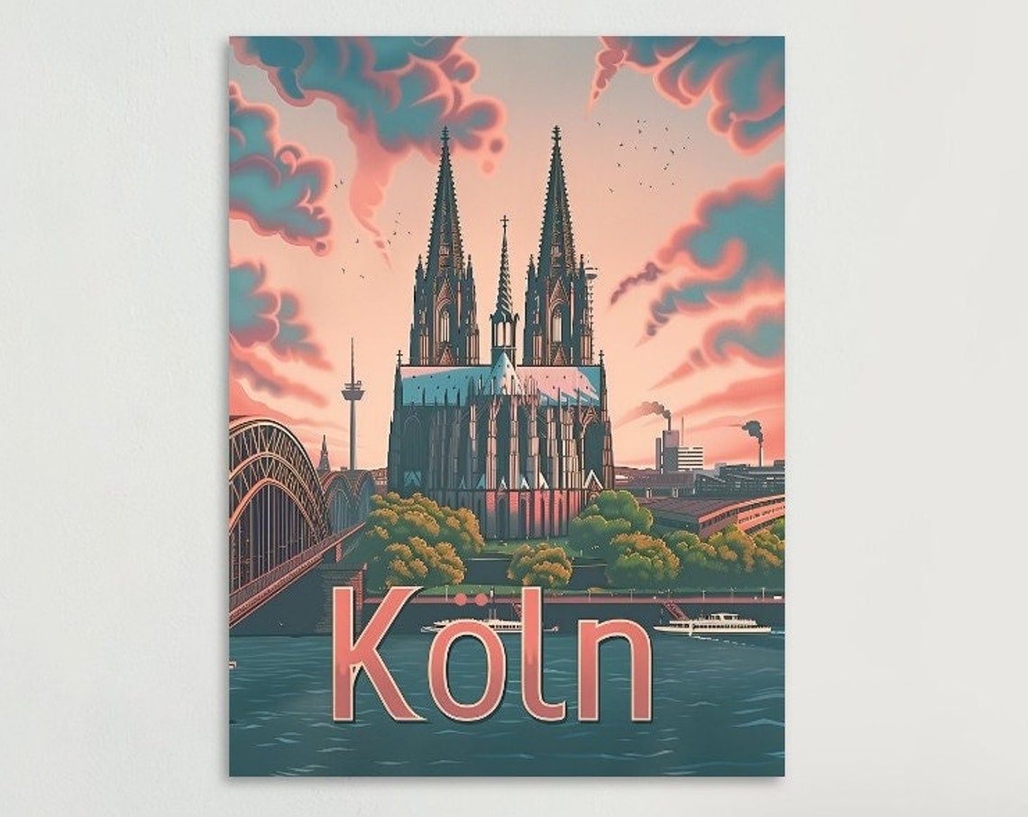 Koln Cologne Cathedral Rhine Bridge Pink Sky Vintage Travel Poster