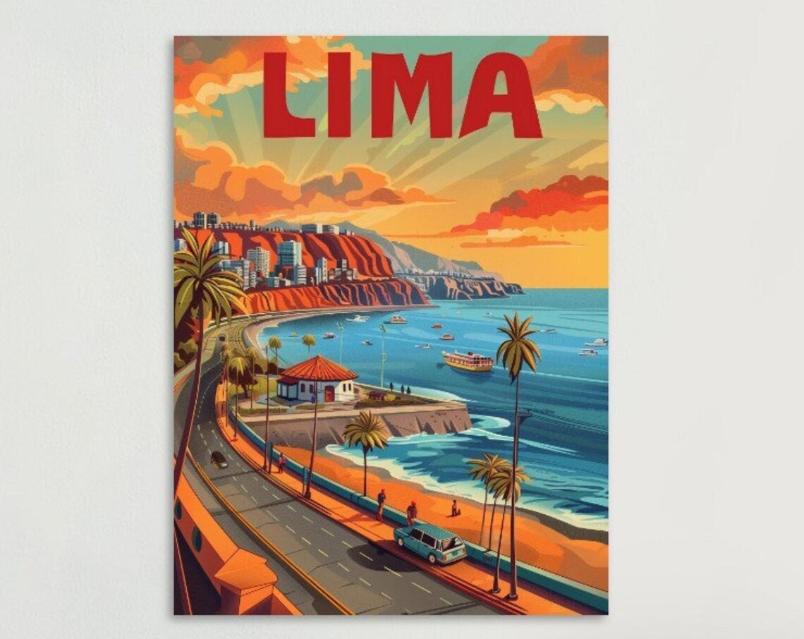 Lima Peru Miraflores Cliffs Pacific Coast Sunset Vintage Travel Poster