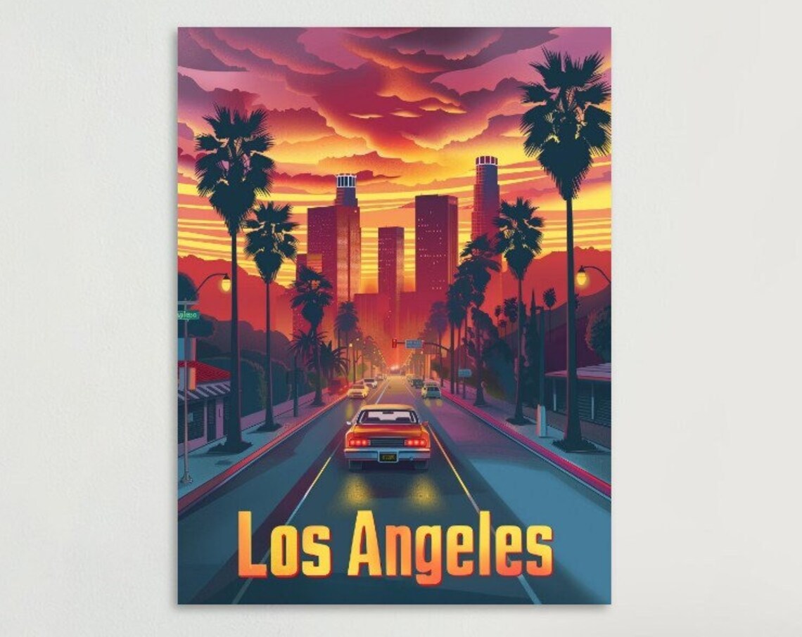 Los Angeles Sunset Palms Boulevard Retro California Poster Art