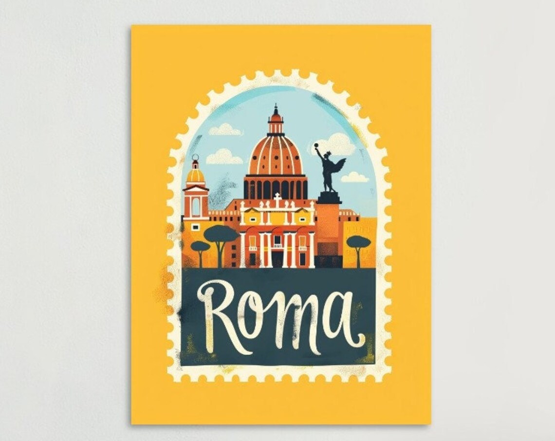 Rome St Peters Basilica Arch Stamp Vintage Italy Travel Poster