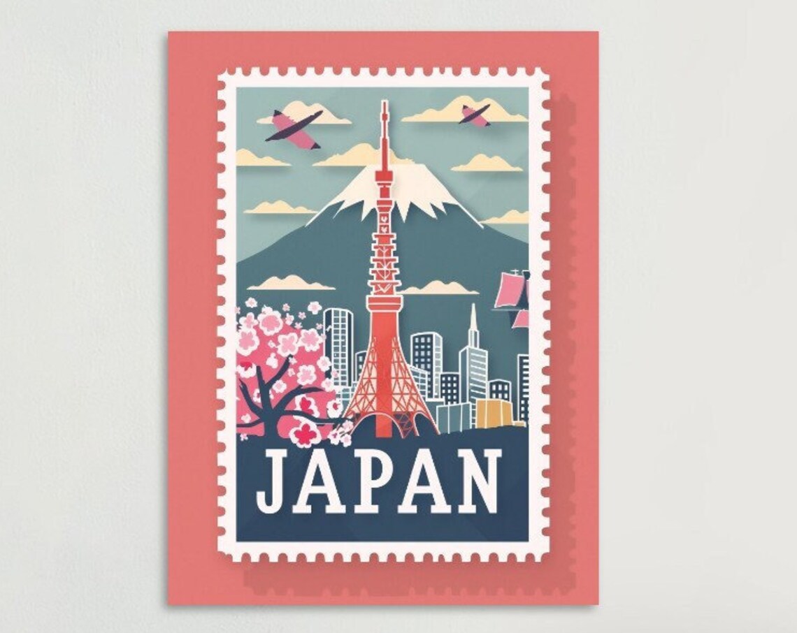 Japan Tokyo Tower Mount Fuji Cherry Blossom Vintage Stamp Poster