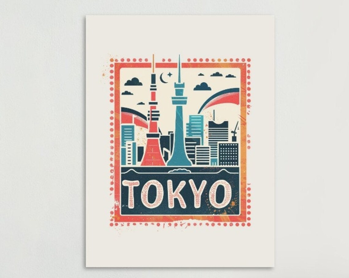 Tokyo Japan Towers Skyline Night Vintage Style Travel Poster