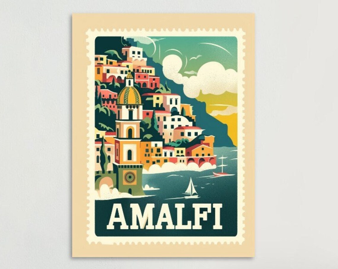 Amalfi Coast Cliffside Village Sailboat Vintage Stamp Travel Poster