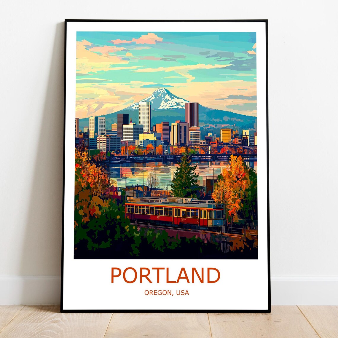 Portland Skyline Streetcar and Mount Hood Oregon USA Travel Poster
