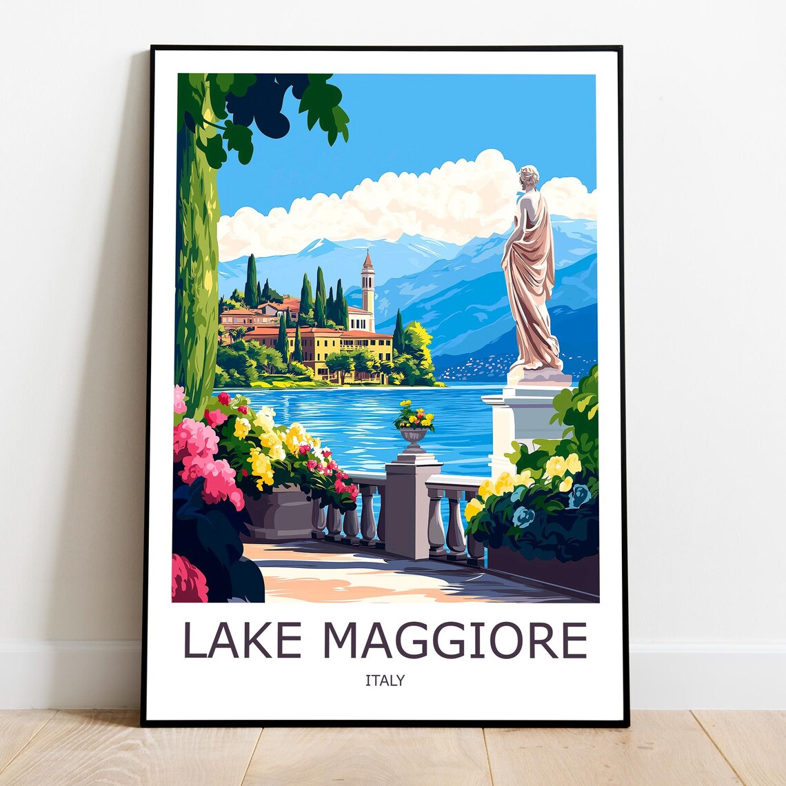 Lake Maggiore Lakeside Terrace Statue and Gardens Italy Travel Poster