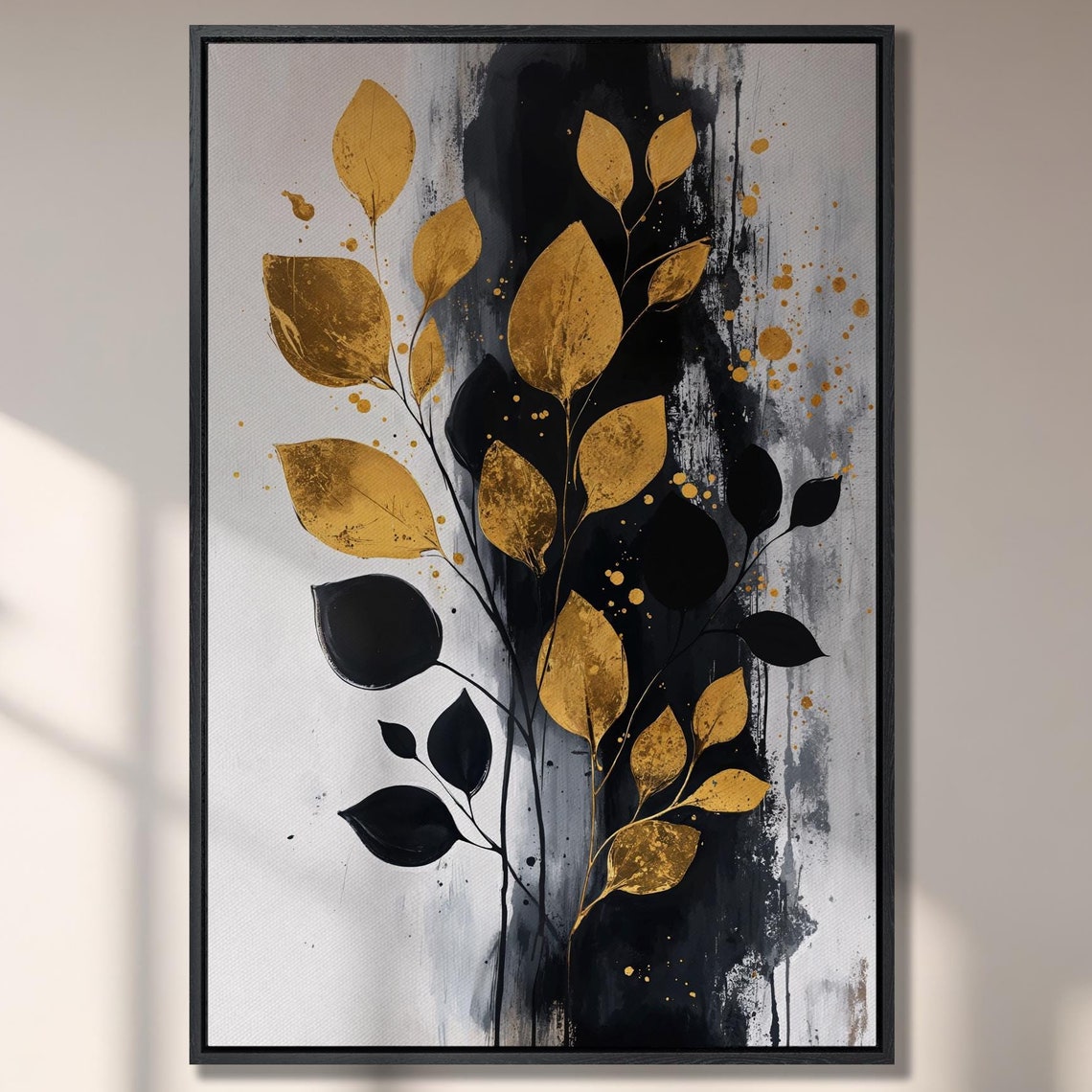 Elegant Gold and Black Abstract Leaves Modern Botanical Art Poster