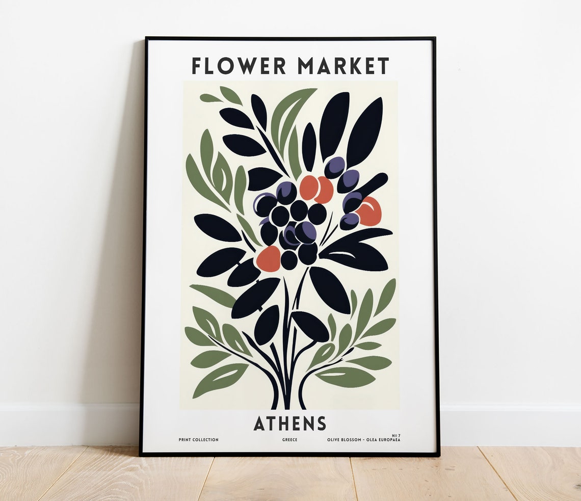 Athens Flower Market Olive Branch Greece Botanical Art Poster