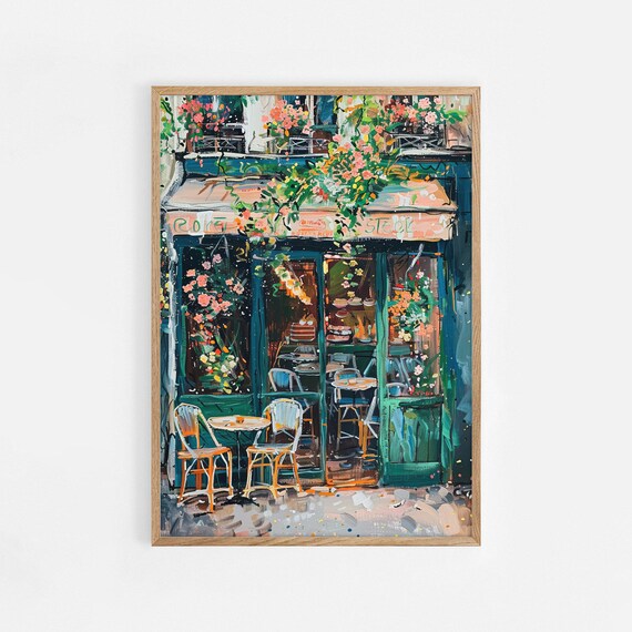 Paris Cafe Storefront Floral Awning Oil Painting Street Scene Poster