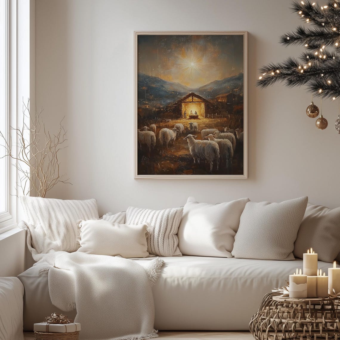 Shepherds and Sheep Nativity Stable Starry Night Christmas Poster - Image 4