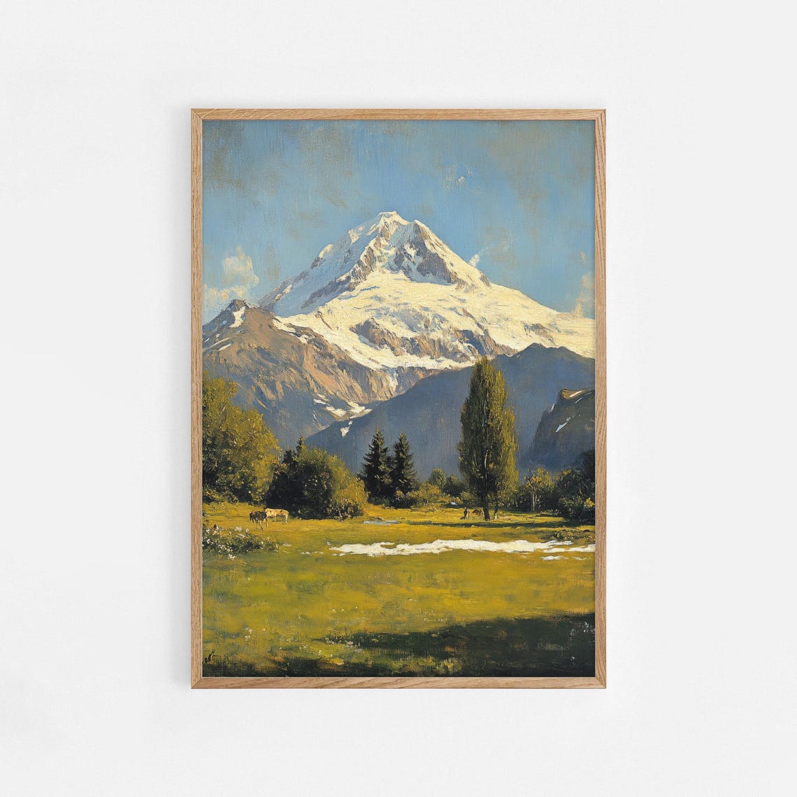 Snow Capped Alpine Mountain Poster With Cows Grazing In Meadow