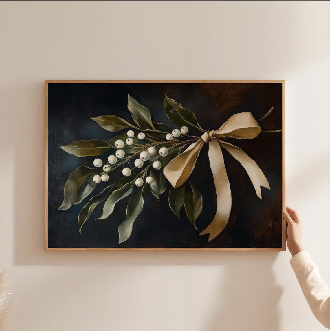 Dark Moody Mistletoe White Berries Champagne Bow Holiday Poster - Image 3