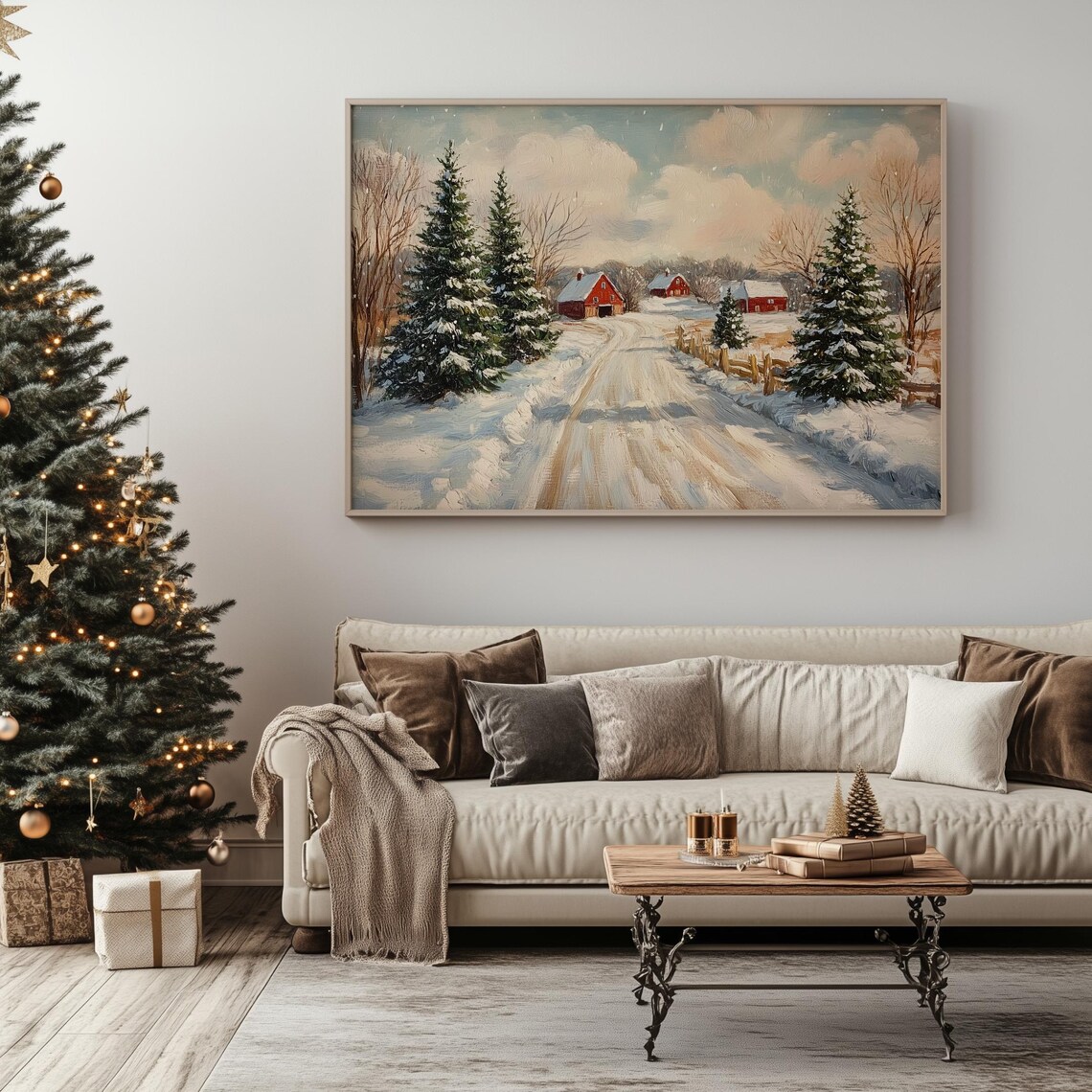 Snowy Country Road Red Barns Winter Landscape Painting Poster - Image 4
