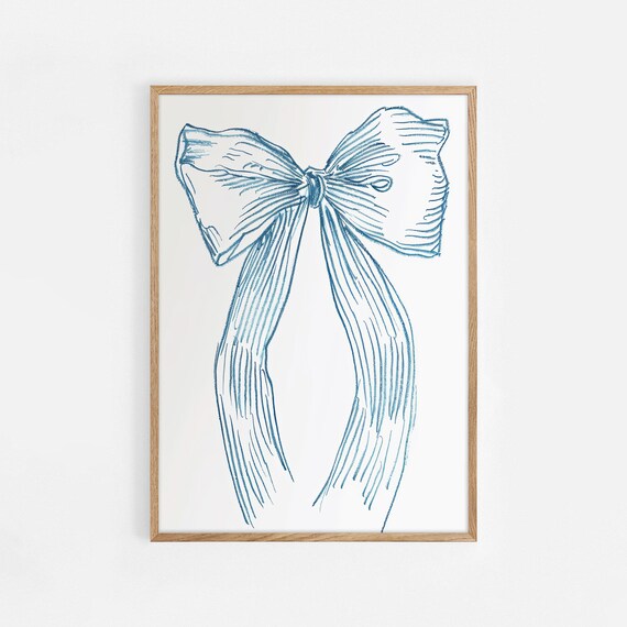 Blue Hair Bow Sketch Minimalist Coastal Line Art Poster Girls Room Decor