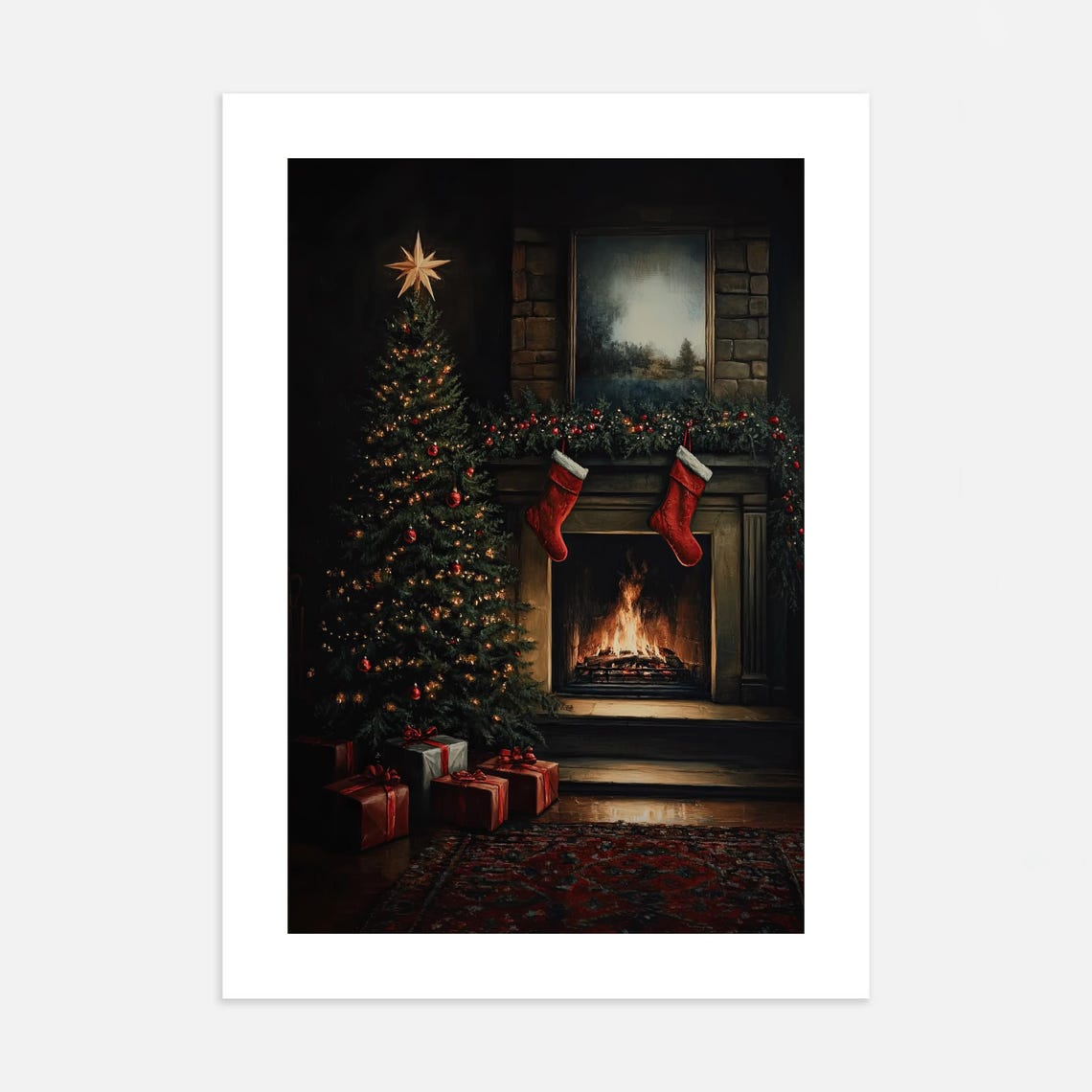 Cozy Christmas Living Room Fireplace Tree Night Scene Poster - Image 2