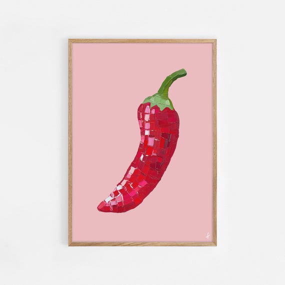 Disco Ball Chilli Print Kitchen Wall Art Chili Pepper Poster Trendy Retro Food Illustration Red Pink Aesthetic Decor 778