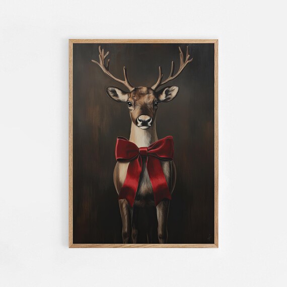 Majestic Deer With Red Bow Dark Moody Winter Portrait Art Poster