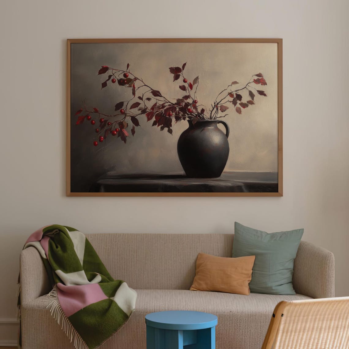 Burgundy Berry Stems Dark Ceramic Vase Moody Still Life Poster - Image 2