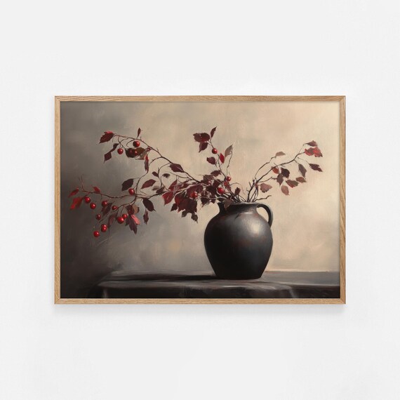 Burgundy Berry Stems Dark Ceramic Vase Moody Still Life Poster