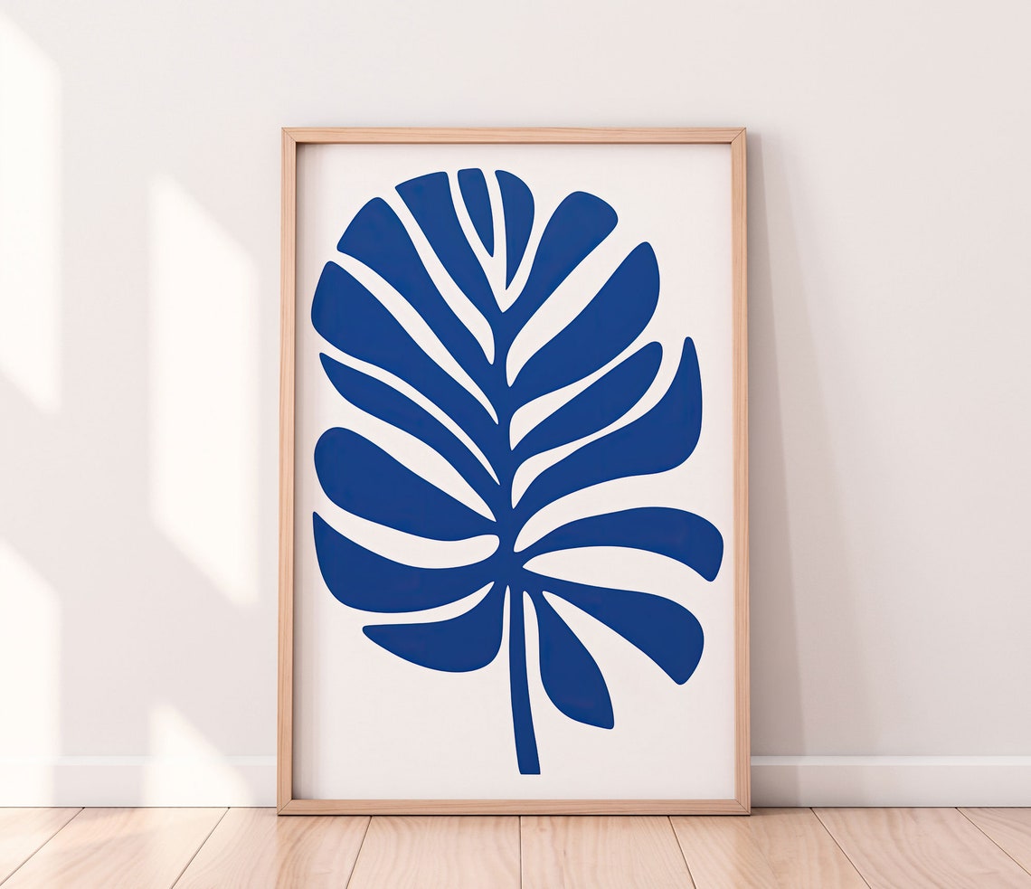 Bold Blue Large Botanical Leaf Matisse Style Abstract Art Poster