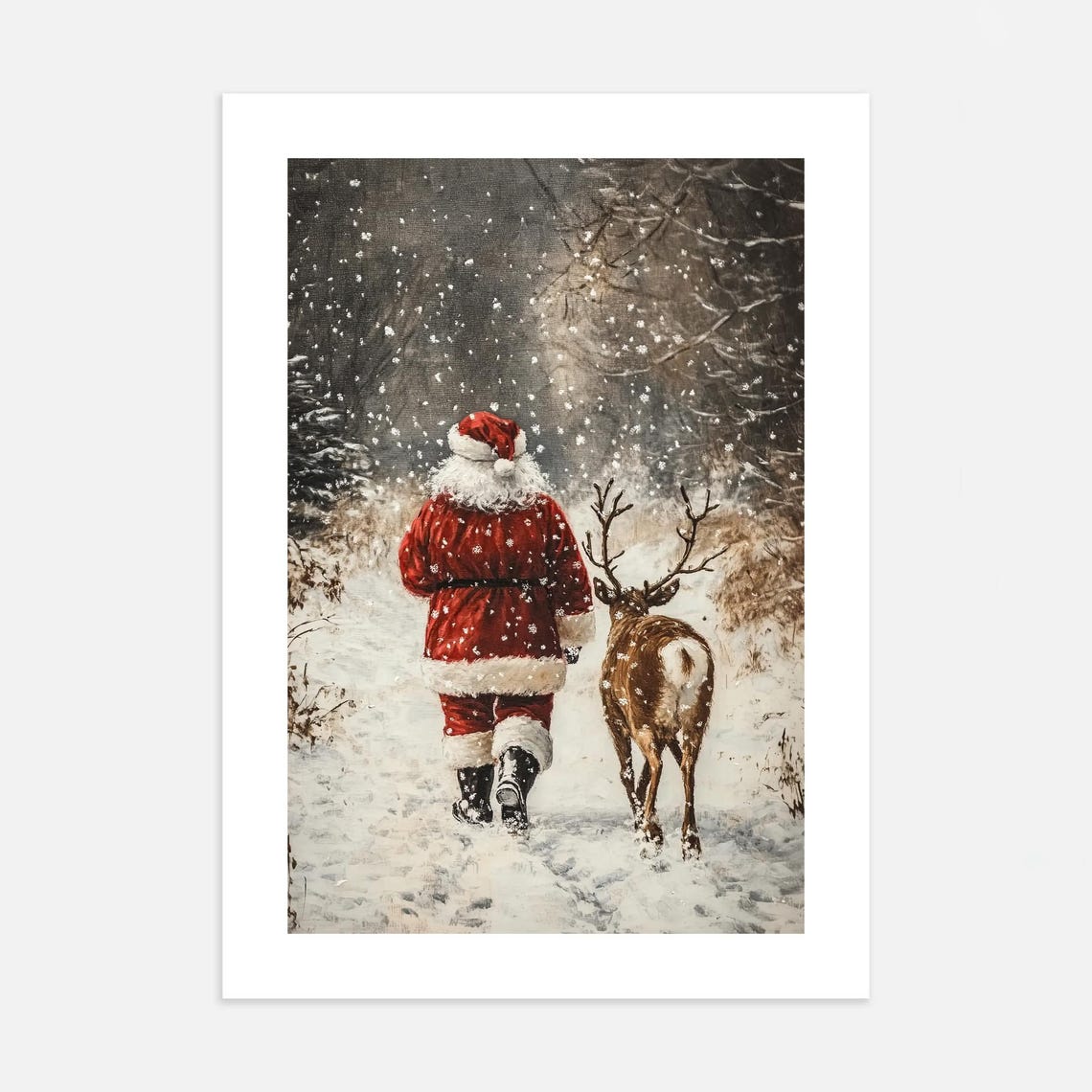 Santa Claus and Reindeer Snowy Forest Falling Snow Art Poster - Image 2