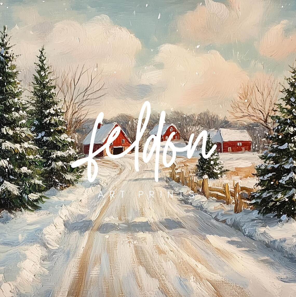 Snowy Country Road Red Barns Winter Landscape Painting Poster - Image 2