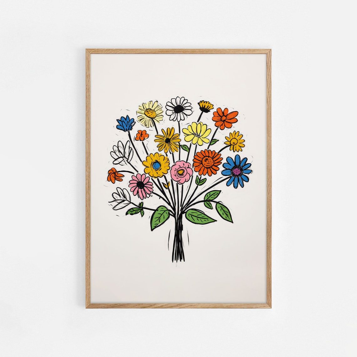 Colorful Hand Drawn Wildflower Bouquet Daisy Art Wall Poster